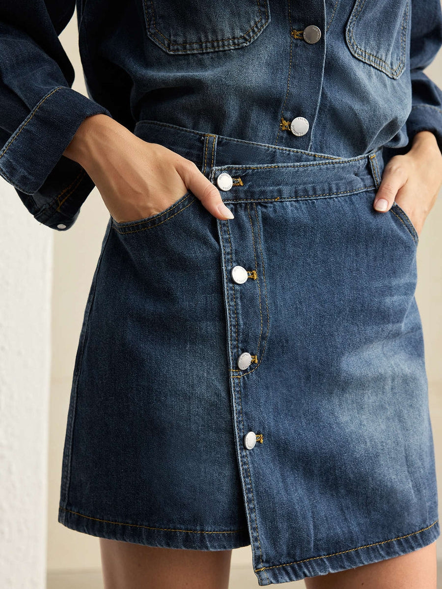 Denim Button Long-Sleeve Top And High Waist Mini Skirt Set