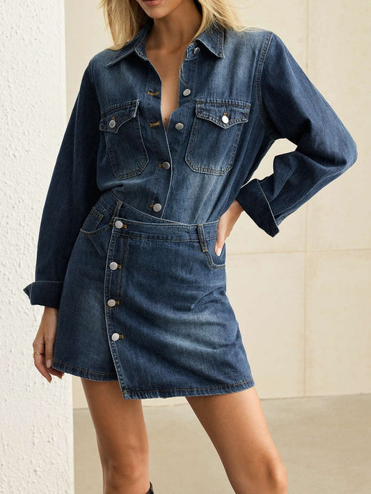 Denim Button Long-Sleeve Top And High Waist Mini Skirt Set