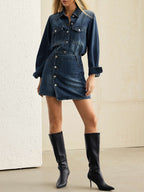 Denim Button Long-Sleeve Top And High Waist Mini Skirt Set
