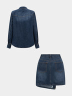 Denim Button Long-Sleeve Top And High Waist Mini Skirt Set