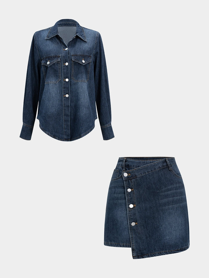 Denim Button Long-Sleeve Top And High Waist Mini Skirt Set