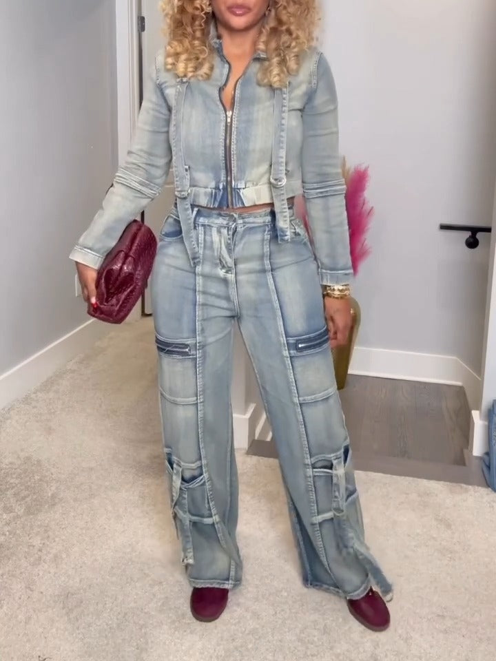 Long Sleeve Crop Jean Jackets Cargo Pants 2 Piece Sets