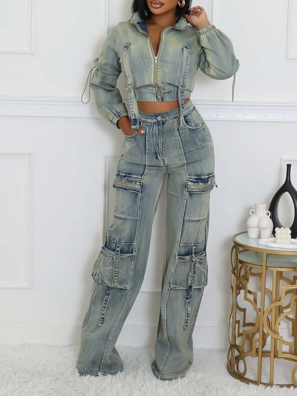 Long Sleeve Crop Jean Jackets Cargo Pants 2 Piece Sets