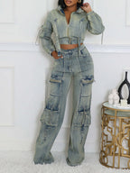 Long Sleeve Crop Jean Jackets Cargo Pants 2 Piece Sets