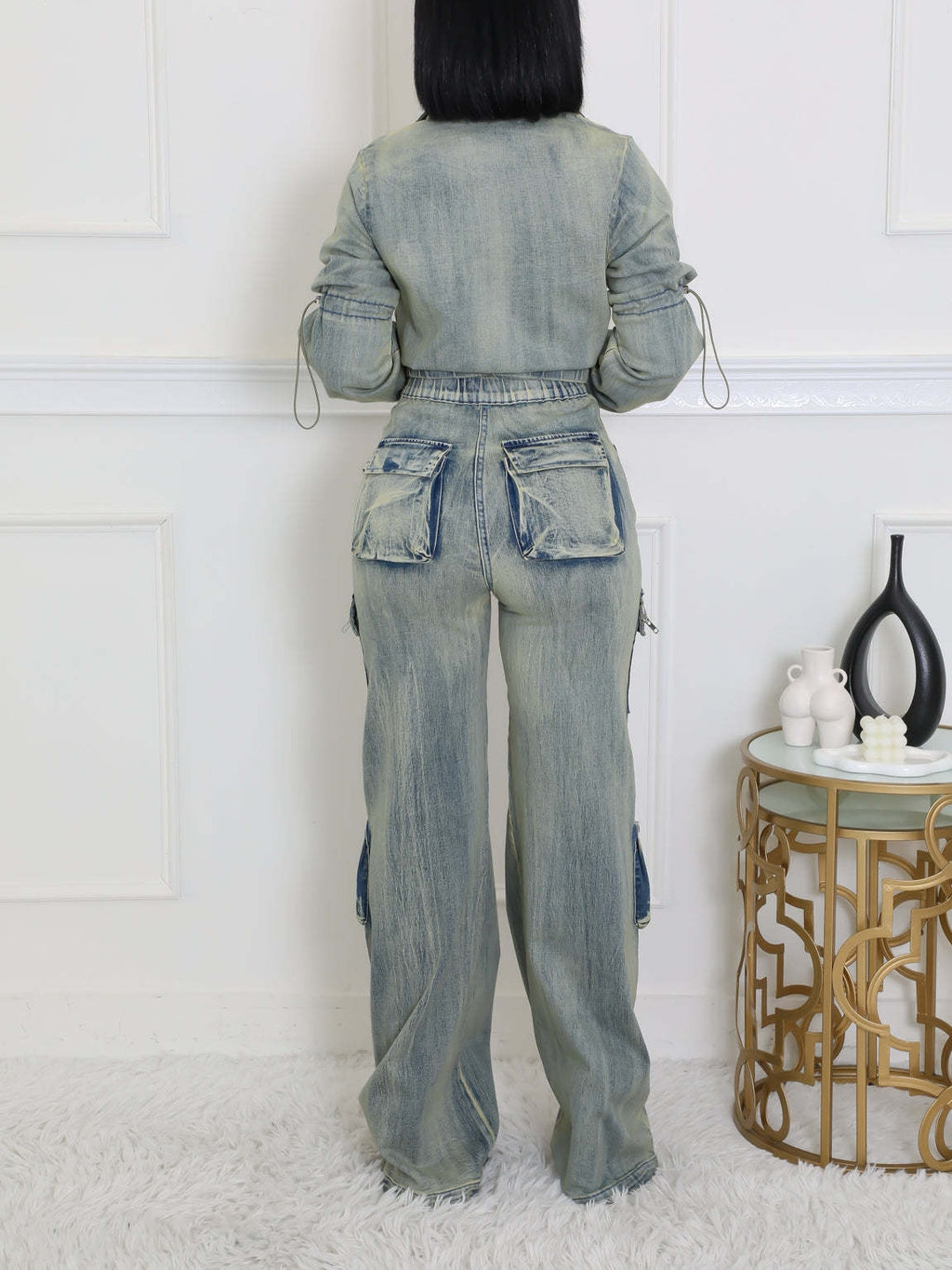 Long Sleeve Crop Jean Jackets Cargo Pants 2 Piece Sets
