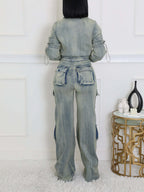 Long Sleeve Crop Jean Jackets Cargo Pants 2 Piece Sets