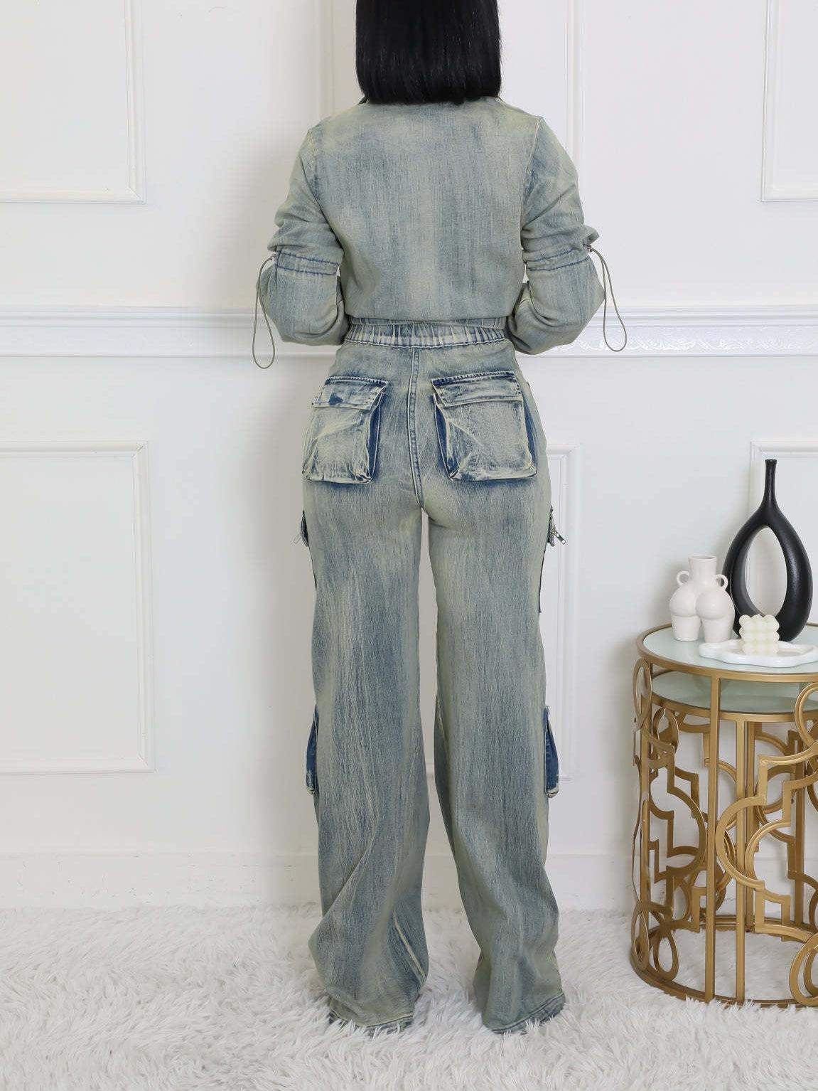 Long Sleeve Crop Jean Jackets Cargo Pants 2 Piece Sets