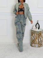 Long Sleeve Crop Jean Jackets Cargo Pants 2 Piece Sets