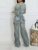 Long Sleeve Crop Jean Jackets Cargo Pants 2 Piece Sets