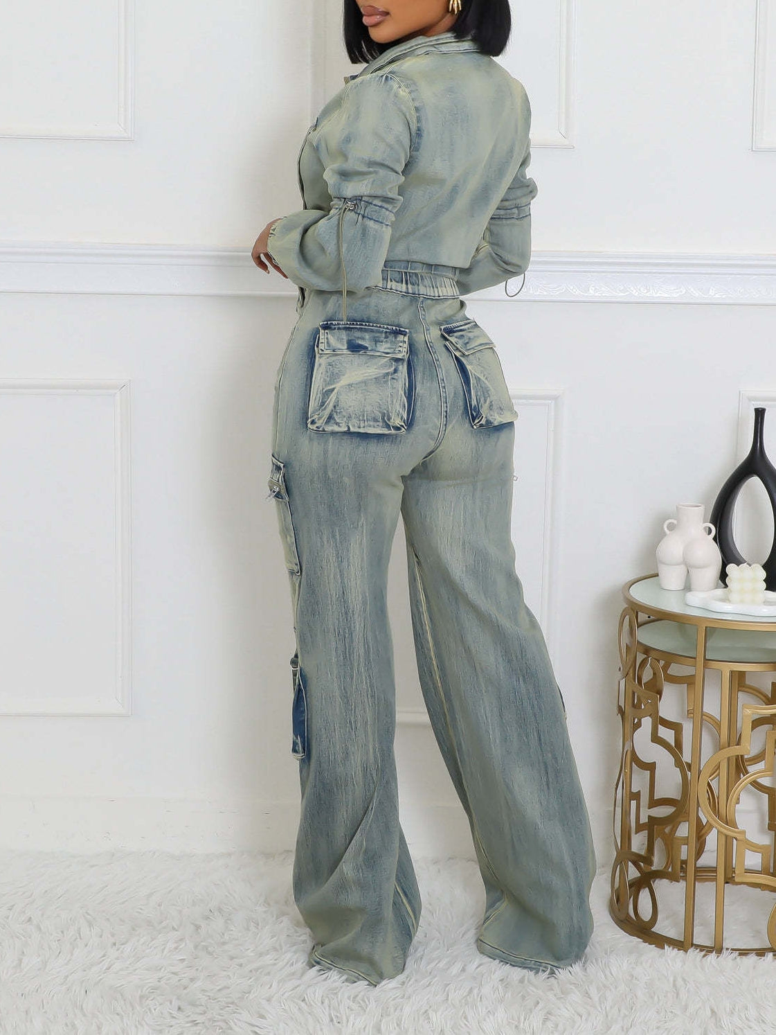 Long Sleeve Crop Jean Jackets Cargo Pants 2 Piece Sets