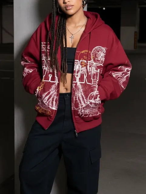 Vintage Art Graphic Zippered Hoodie