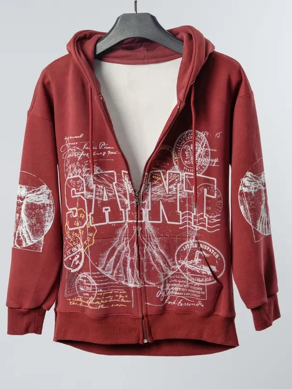 Vintage Art Graphic Zippered Hoodie