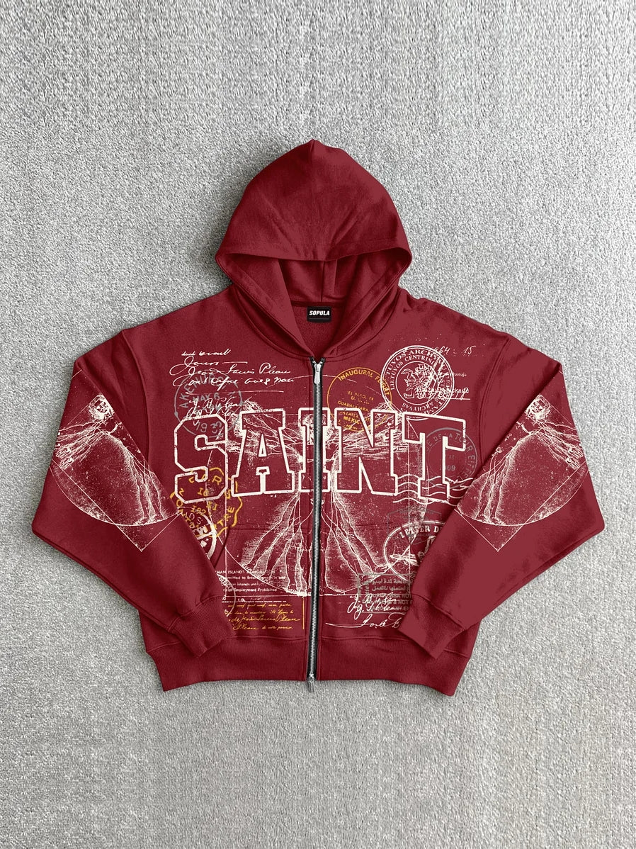 Vintage Art Graphic Zippered Hoodie