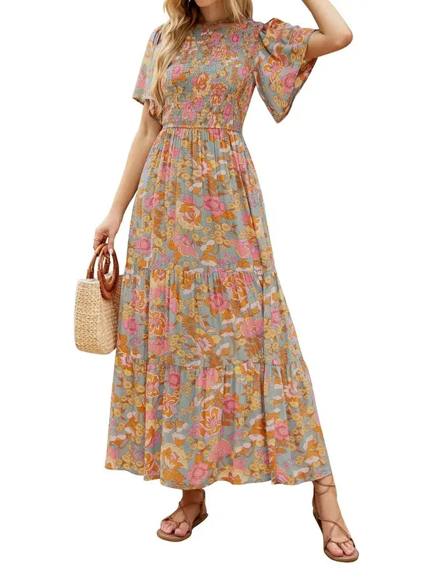 Smocked High Waist Flowy Maxi Dress