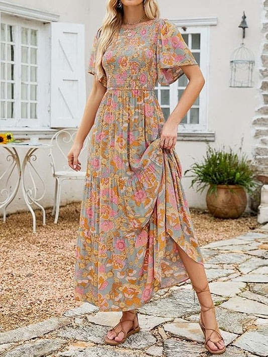 Smocked High Waist Flowy Maxi Dress