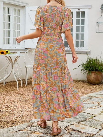 Smocked High Waist Flowy Maxi Dress