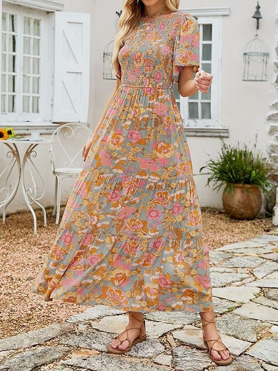 Smocked High Waist Flowy Maxi Dress