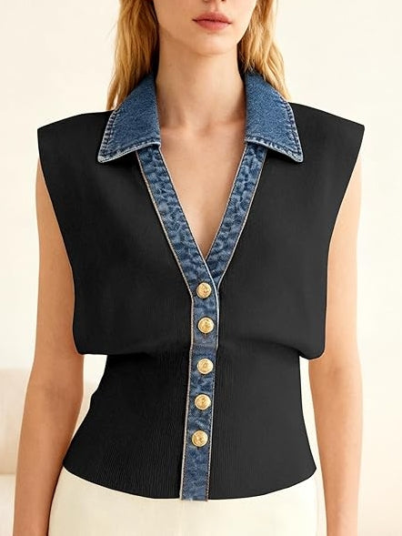 Women's Denim Trim Sweater West Sleeveless V Collar Crop Tank Top
