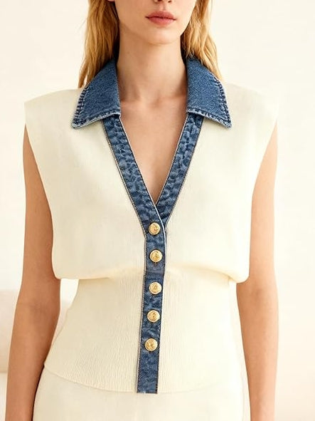 Women's Denim Trim Sweater West Sleeveless V Collar Crop Tank Top