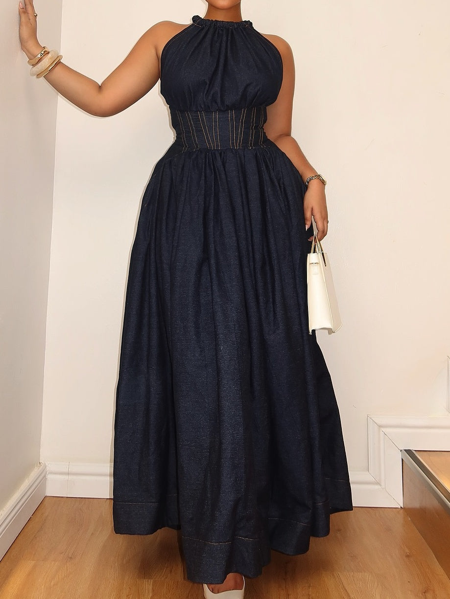 Collar Sleeveless Tweed Maxi Dress