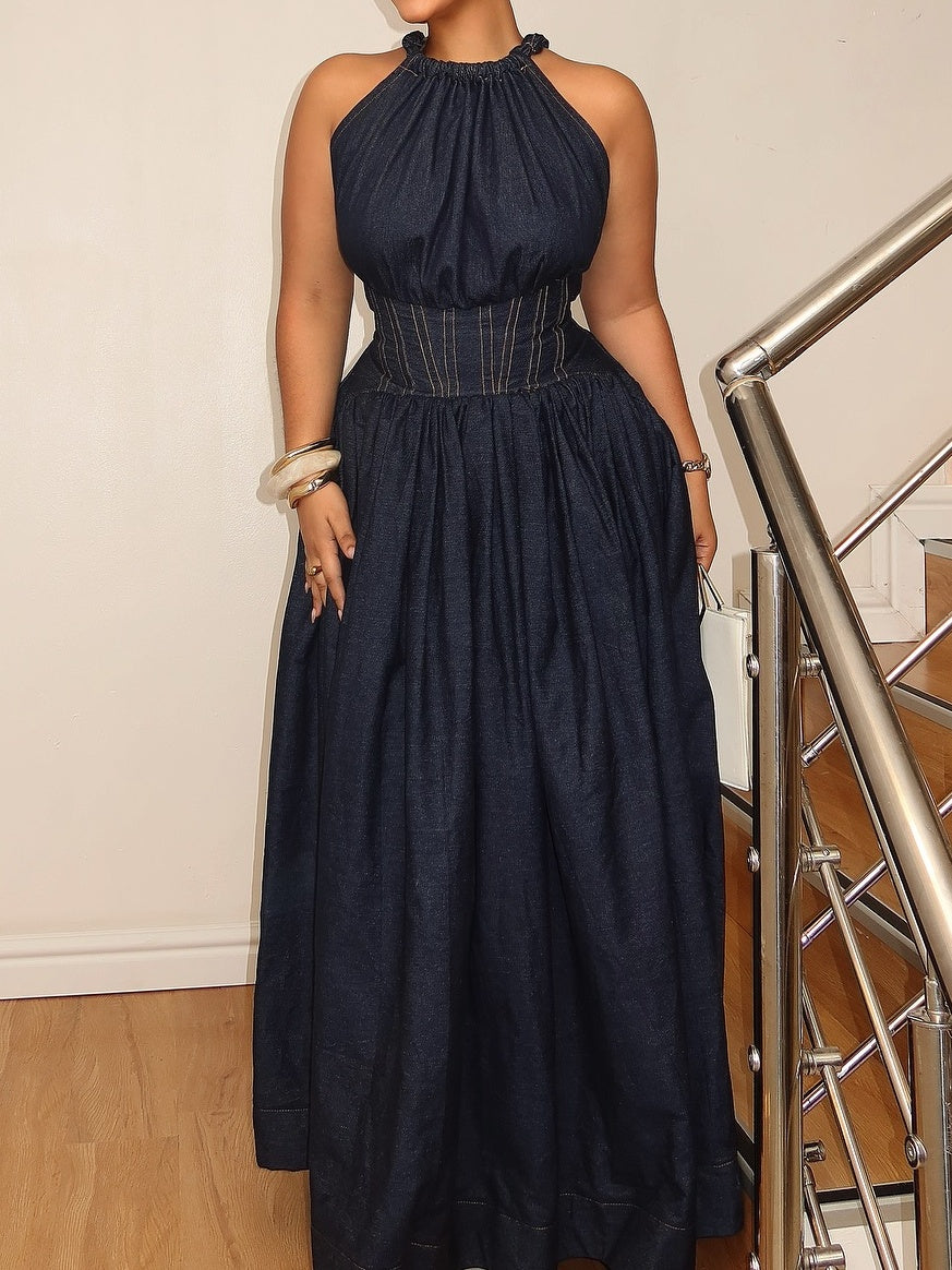 Collar Sleeveless Tweed Maxi Dress