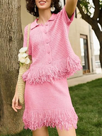 2 Piece Crochet Outfits Short Sleeve Button Knit Sweater Tops Fringe Skirt