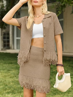2 Piece Crochet Outfits Short Sleeve Button Knit Sweater Tops Fringe Skirt