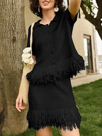 2 Piece Crochet Outfits Short Sleeve Button Knit Sweater Tops Fringe Skirt