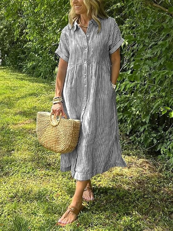 Women's Loose Midi Striped Shirt Dress