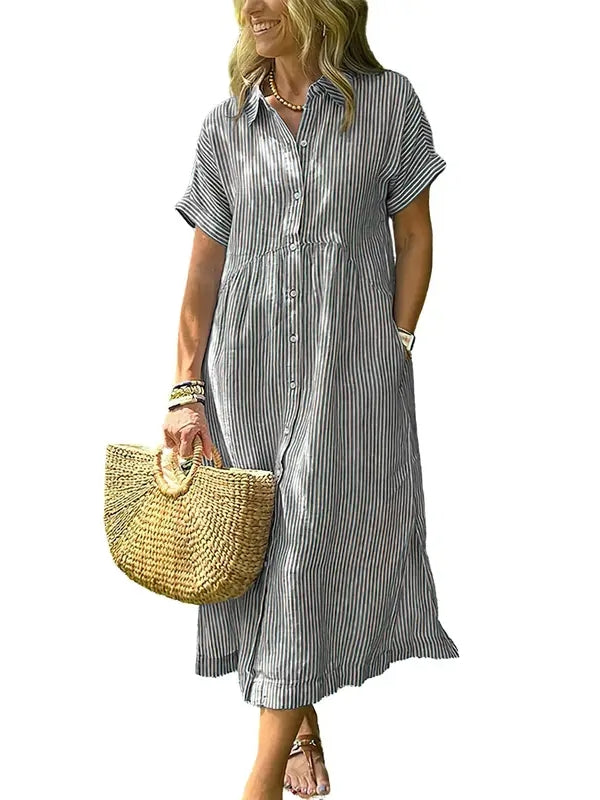 Women's Loose Midi Striped Shirt Dress