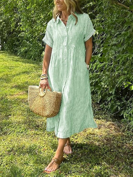 Women's Loose Midi Striped Shirt Dress