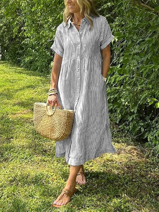 Women's Loose Midi Striped Shirt Dress
