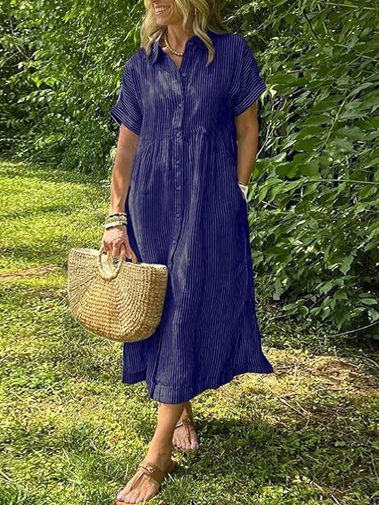 Women's Loose Midi Striped Shirt Dress