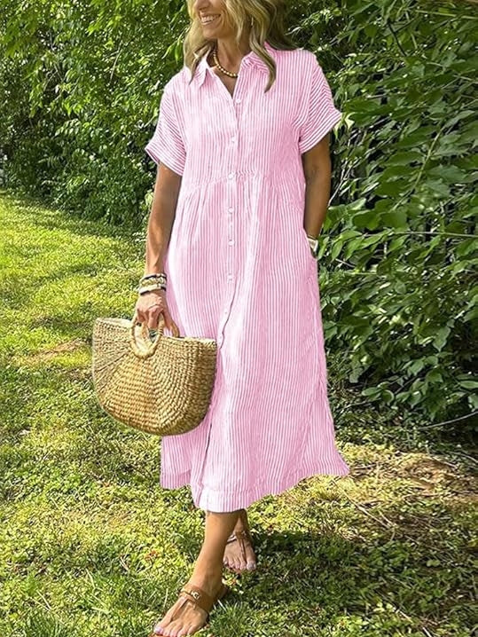 Women's Loose Midi Striped Shirt Dress