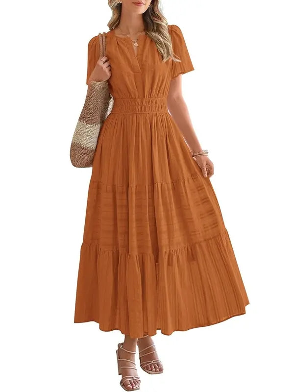 Lightweight Short Sleeve V Neck Boho Dress
