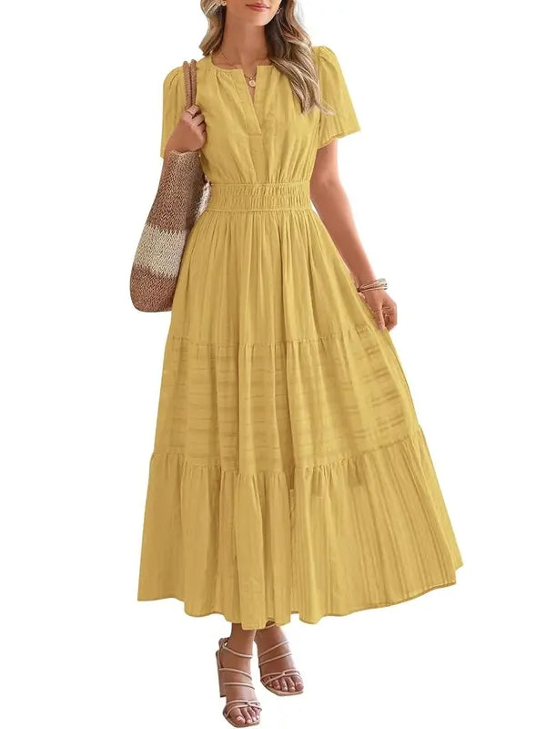 Lightweight Short Sleeve V Neck Boho Dress