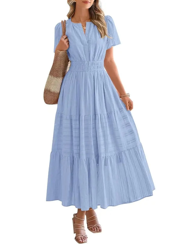 Lightweight Short Sleeve V Neck Boho Dress