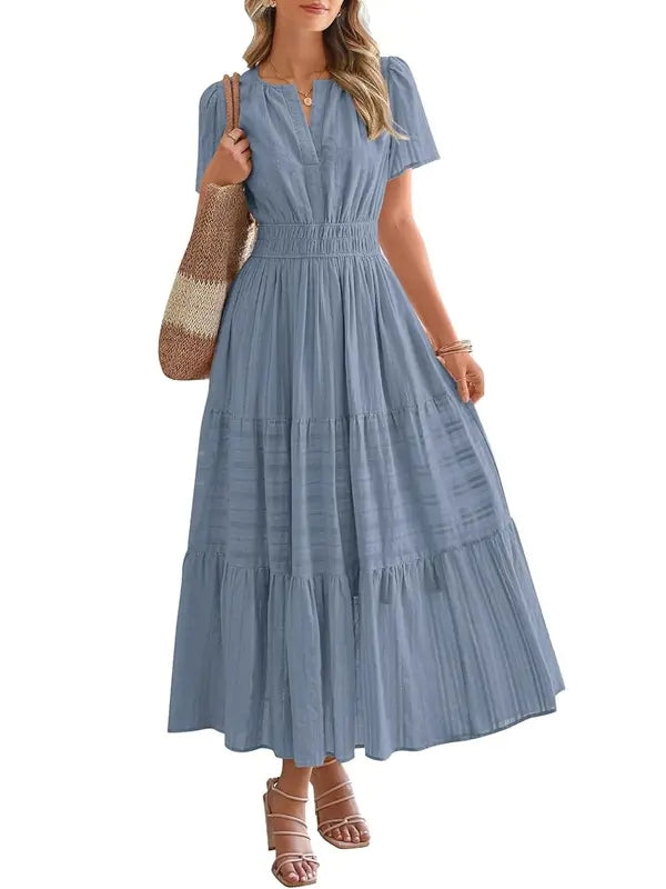 Lightweight Short Sleeve V Neck Boho Dress