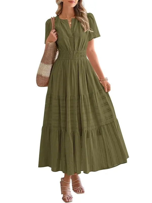 Lightweight Short Sleeve V Neck Boho Dress