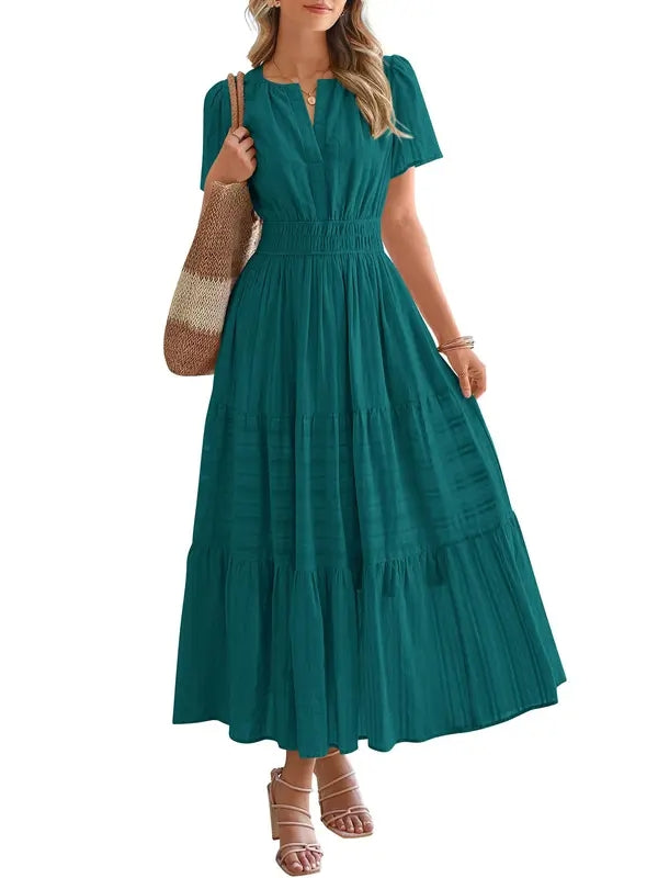 Lightweight Short Sleeve V Neck Boho Dress