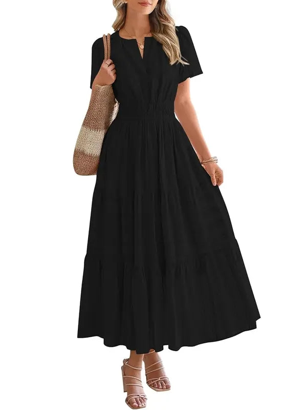 Lightweight Short Sleeve V Neck Boho Dress