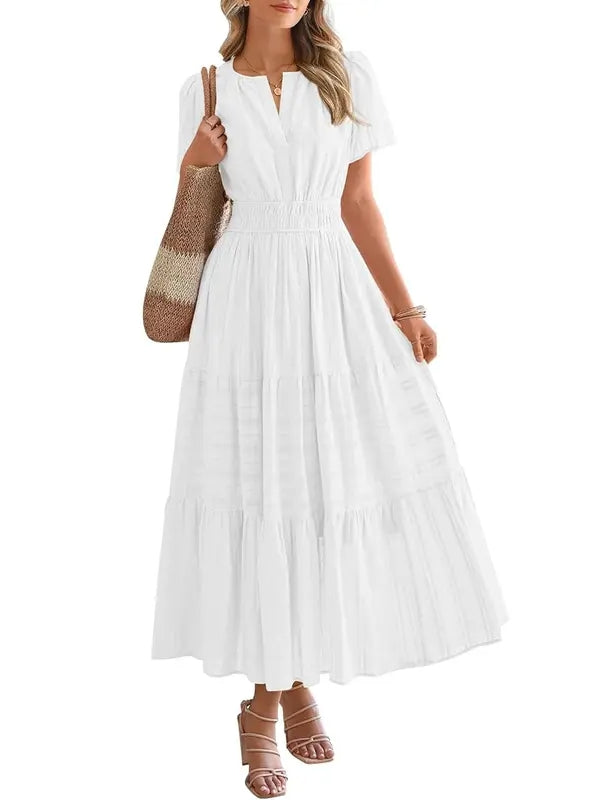 Lightweight Short Sleeve V Neck Boho Dress