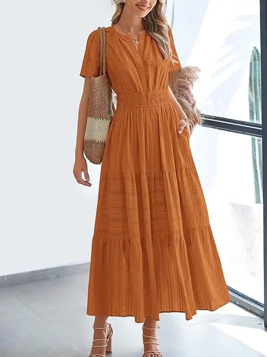 Lightweight Short Sleeve V Neck Boho Dress