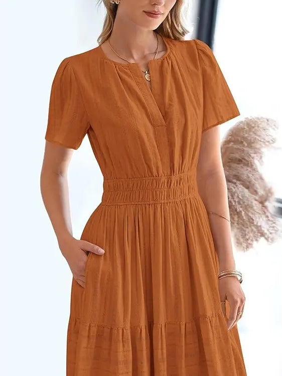 Lightweight Short Sleeve V Neck Boho Dress