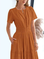 Lightweight Short Sleeve V Neck Boho Dress