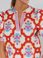 Orange Printed Puff Sleeve Top