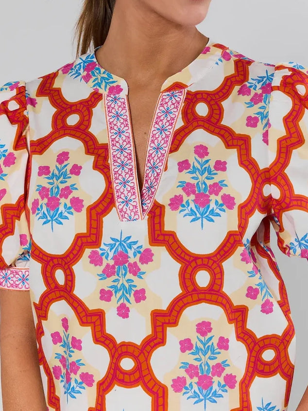 Orange Printed Puff Sleeve Top