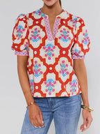 Orange Printed Puff Sleeve Top