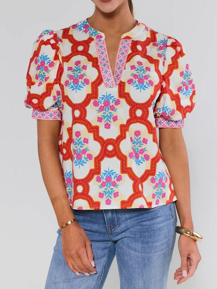 Orange Printed Puff Sleeve Top