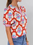Orange Printed Puff Sleeve Top
